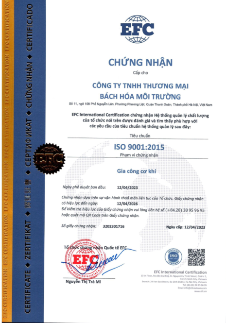 Giấy chứng nhận hệ thống quản lý chất lượng phù hợp tiêu chuẩn ISO 9001:2015 mà Bách Hóa Môi Trường đã đạt được.