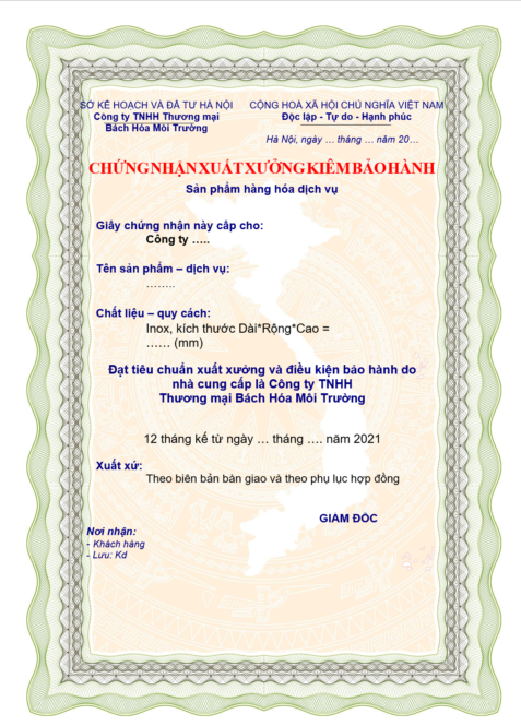 Giấy chứng nhận đạt tiêu chuẩn chất lượng sản phẩm tại Bách Hóa Môi Trường